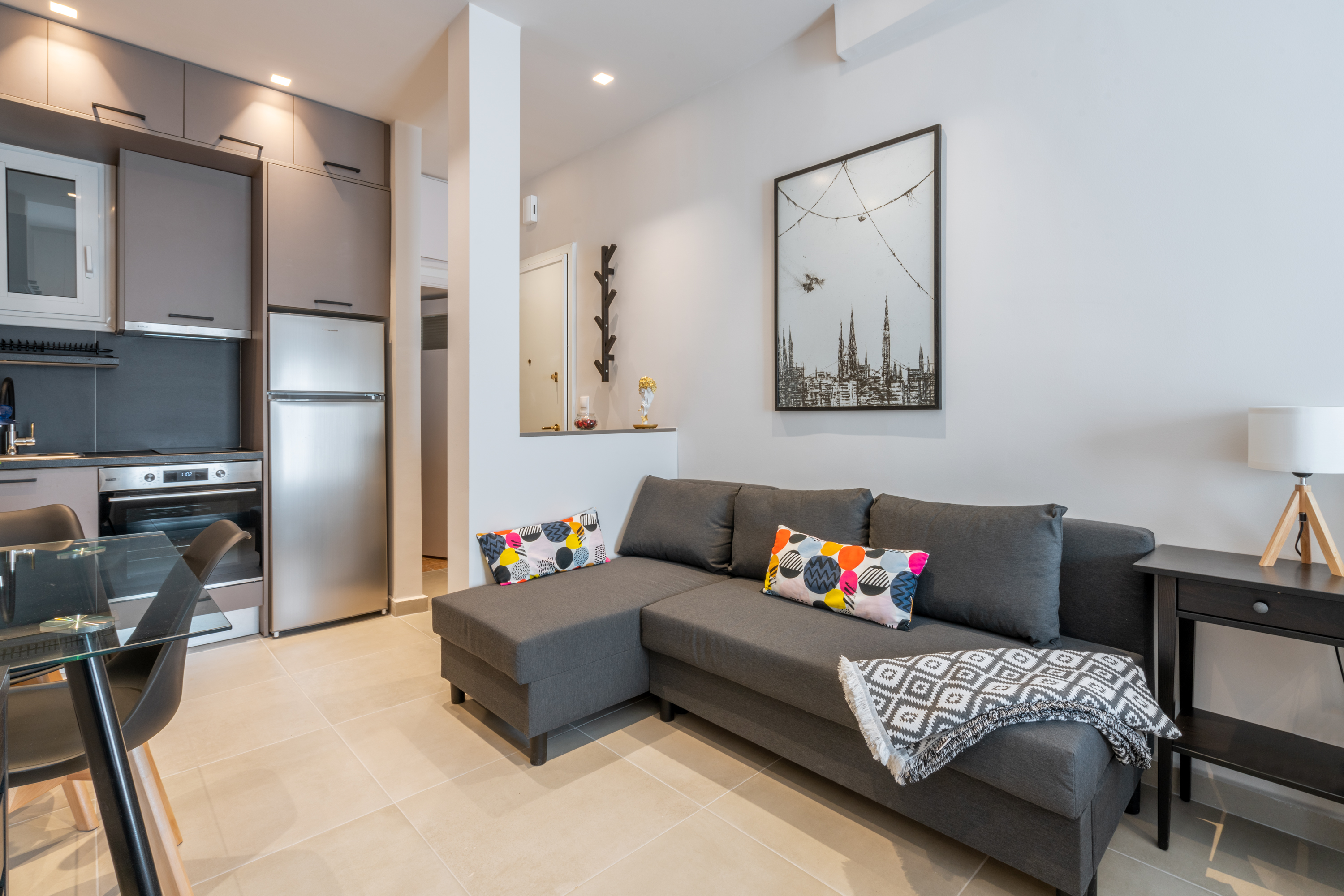 Convertible sofa bed in Neos Kosmos studio apartment